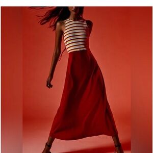 Zara Red Multicolored Striped Open Back Midi Dress NWT
